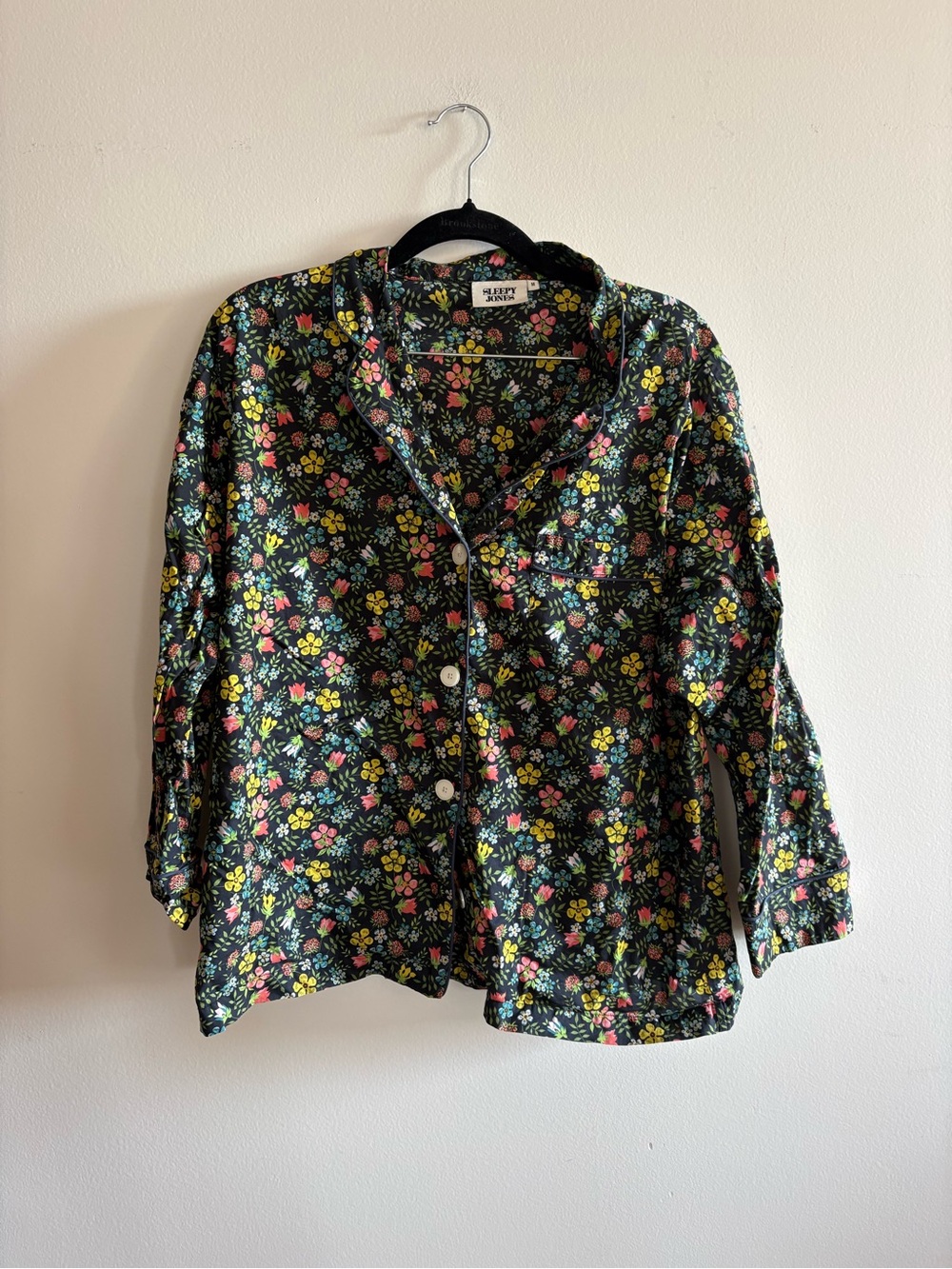 Sleepy Jones Black Floral Button-Up Pajama Top with Pink & Yellow Blooms
